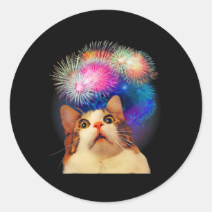 Sticker Rond De Juillet Feu d'artifice Entouré Chat