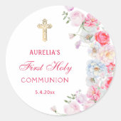 Sticker rond de première communion aux fleurs d'aq (Devant)