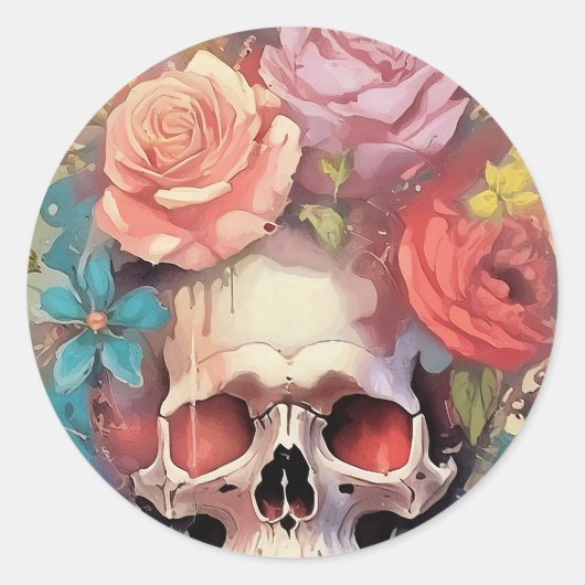 Sticker Rond Death by Pastels, Roses and Peeking Gothic Skull (Devant)