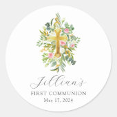 Sticker Rond Débuts bénis Croix Première Communion (Devant)