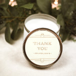 Sticker Rond Déco moderne | Élégant Mariage d'ivoire et d'or de<br><div class="desc">Ces stickers de mariage glamour ont une touche moderne sur l'art déco classique. Des bordures géométriques et des ornements ornés d'un style faux or ornent un élégant arrière - plan en ivoire pour un look de mariage spectaculaire et vintage. La typographie classique fausse or dit "merci", ce qui en fait...</div>
