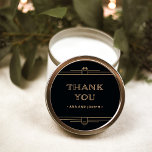 Sticker Rond Déco moderne | Élégant Mariage noir et or Faux<br><div class="desc">Ces stickers de mariage glamour ont une touche moderne sur l'art déco classique. Des bordures géométriques et des ornements ornés d'un style faux or ornent un élégant arrière - plan noir onyx pour un look de mariage spectaculaire et vintage. La typographie classique fausse or dit "merci", ce qui en fait...</div>