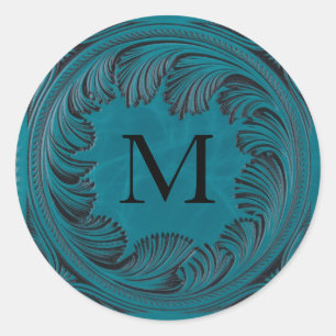 Sticker Rond Décor Floral Occidental en Cuir turquoise