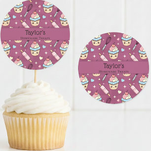 Sticker Rond Décoration personnalisée de cupcake rose violet Ka