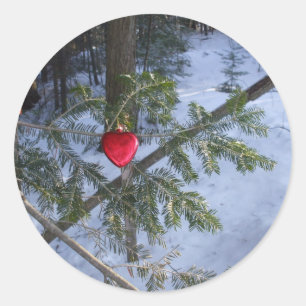 Sticker Rond Décoration rouge de coeur sur la branche de pin
