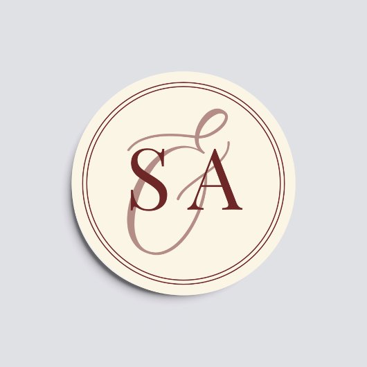 Sticker Rond Deep Burgundy Ivory Monogram Old Money Wedding