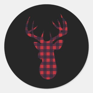 Sticker Rond Deer Buck Silhouette Rouge Plaid Correspondant Noë