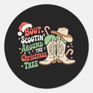 Sticker Rond Défilé de bottes autour du sapin de Noël Western