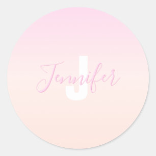 Sticker Rond Dégradé ombré rose clair et pêche Nom & Monogramme