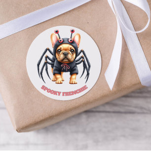 Sticker Rond Déguisement d'araignée Frenchie chiot Halloween