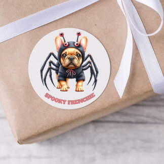 Sticker Rond Déguisement d'araignée Frenchie chiot Halloween