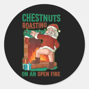 Sticker Rond Dégustation De Châtaignes Au Feu Ouvert Drôle Rude