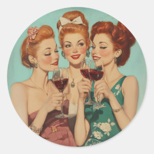 Sticker Rond Dégustation vintage pour dames avec vin