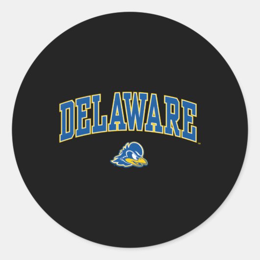 Sticker Rond Delaware Fightin' Blue Hens Arche sur le noir (Devant)