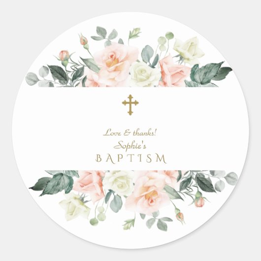 Sticker Rond Délicat Blush Fleurs Blanches Or Girl Baptême (Devant)
