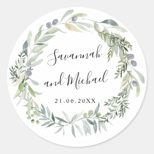 Sticker Rond Délicat monogramme d'olive peinte et mariage feuil (Devant)
