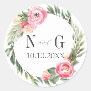 Sticker Rond Délicat Peony Typographie Chic Monogram Mariage