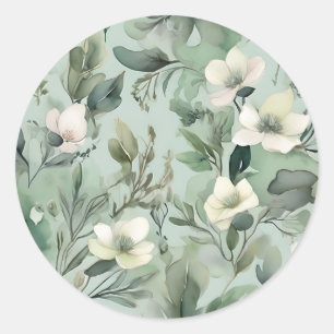 Sticker Rond Délicat Sage vert motif floral