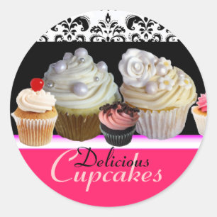 Sticker Rond DÉLICIEUX CUPCAKES ANNIVERSAIRE FÊTE, rouge rose n