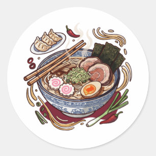 Sticker Rond Délicieux ramen japonais et raviolis gyoza.