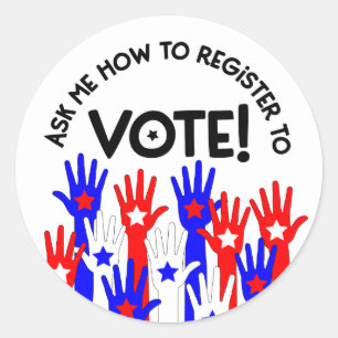 Sticker Rond Demandez-moi comment vous inscrire pour voter roug