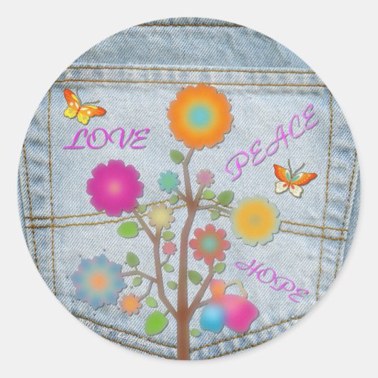 Sticker Rond Denim Back Fleurs de poche Paix Aimer Espoir (Devant)