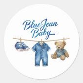 Sticker Rond Denim Bear Clothesline Boy Blue Jean Baby shower (Devant)