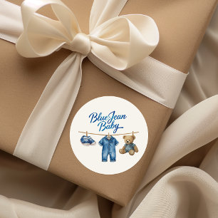 Sticker Rond Denim Bear Clothesline Boy Blue Jean Baby shower