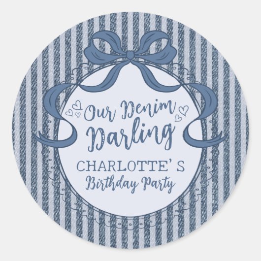 Sticker Rond Denim Coquette Bow Blue Jean Birthday Party (Devant)