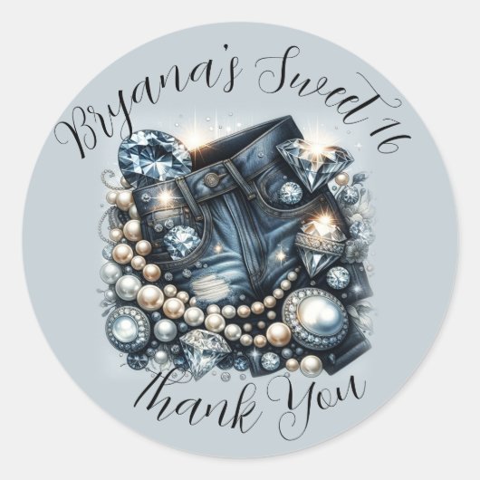 Sticker Rond Denim Diamants & Perles Jeans Bling Fête (Devant)