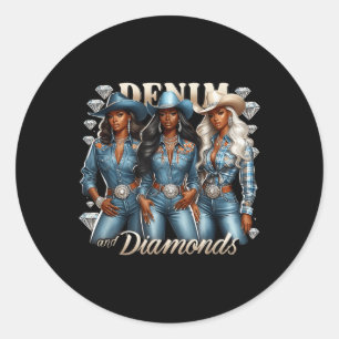 Sticker Rond Denim Et Diamants Africains Melanin Swag Cowgirls 