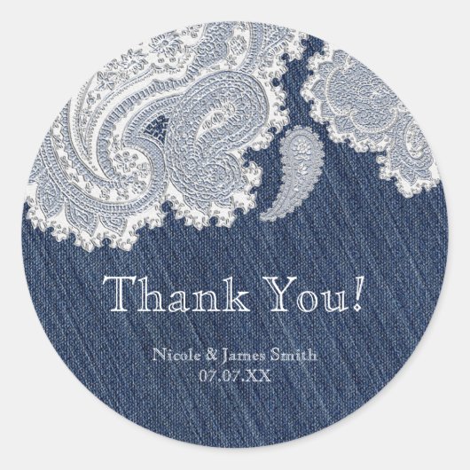 Sticker Rond Denim Jean & White Lace Élégante Mariage nuptiale (Devant)