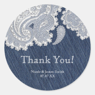 Sticker Rond Denim Jean & White Lace Élégante Mariage nuptiale