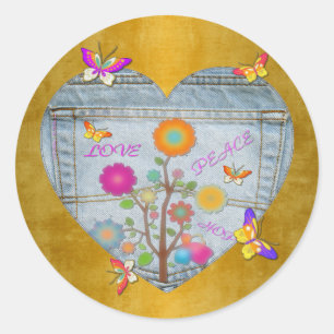 Sticker Rond Denim Pocket Heart Flowers Papillons sur Or