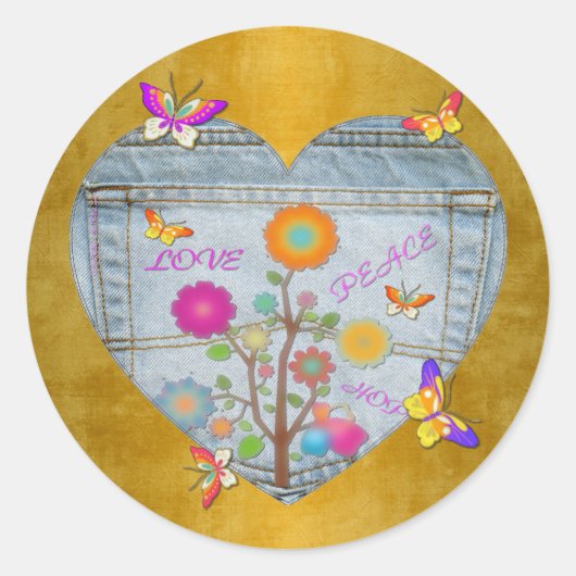 Sticker Rond Denim Pocket Heart Flowers Papillons sur Or (Devant)