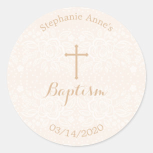 Sticker Rond Dentelle florale Baptême rose pâle