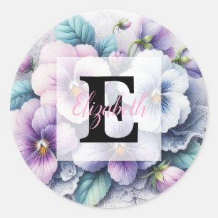 Sticker Rond Dentelle monogramme florale fleurs pensées rose vi