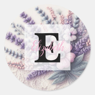 Sticker Rond Dentelle monogramme florale rose lavande violette
