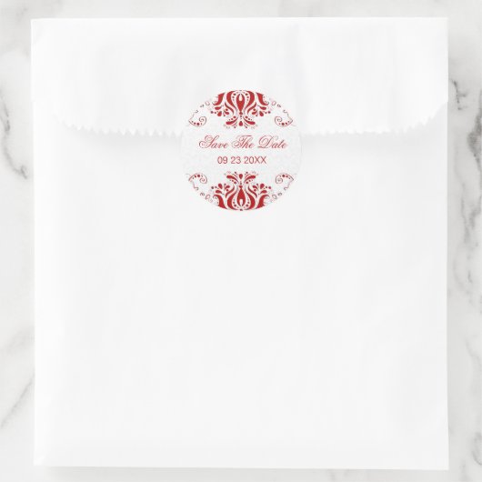 Sticker Rond Dentelle rouge foncé et Damas blancs (Sac)