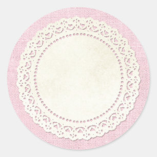 Sticker Rond Dentelle rustique de pays Doily sur Shabby rose Bu