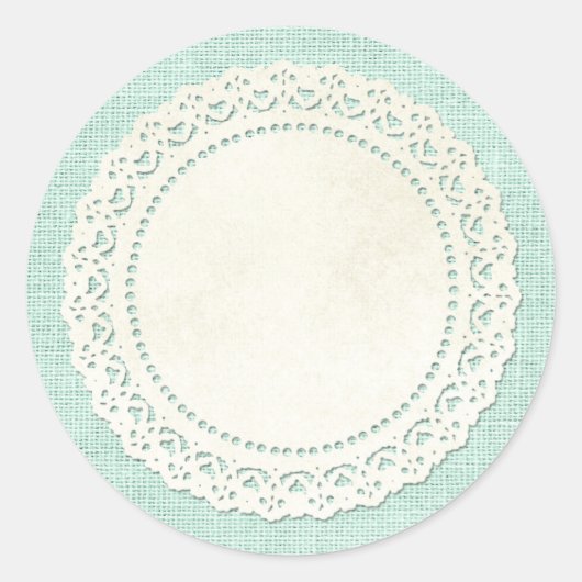 Sticker Rond Dentelle rustique Doily sur Aqua Blue Burlap (Devant)
