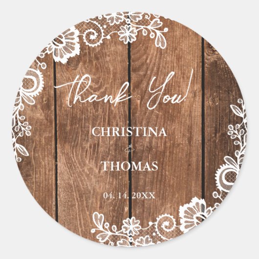 Sticker Rond Dentelle rustique en bois Pays Barre Mariage Merci (Devant)