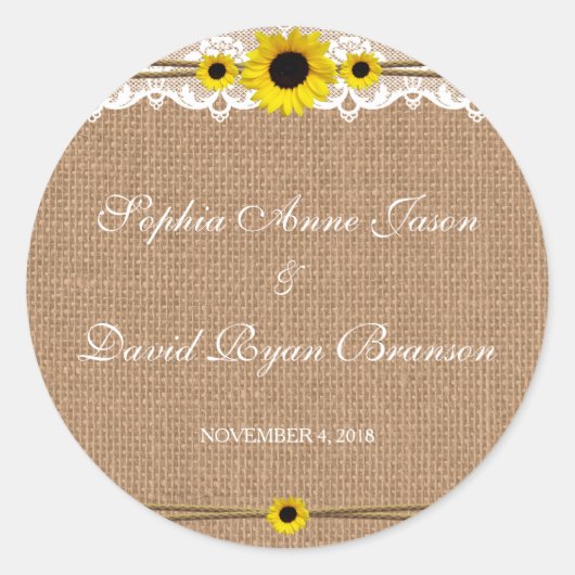 Sticker Rond Dentelle rustique, Fleurs Solaires, Mariage Burlap (Devant)