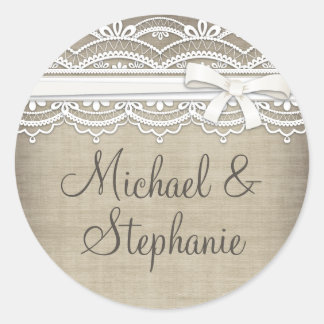 Sticker Rond Dentelle vintage et lin Rustique Elegance Mariage