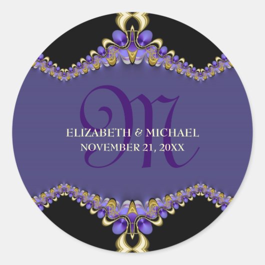 Sticker Rond Dentelle violette Décor fractal Monogramme (Devant)