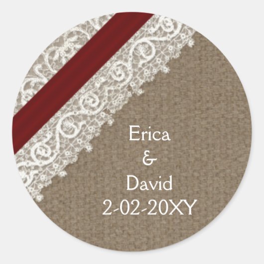 Sticker Rond Dentelles et burlap rouges FAUX, joints mariages (Devant)