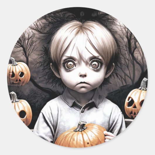 Sticker Rond Déplaisant Chibi Boy avec Halloween Citrouille (Devant)