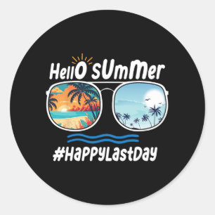 Sticker Rond Dernier Jour De L'École Bonjour Été Sungles Beach