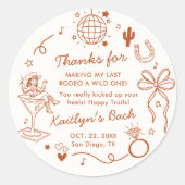 Sticker Rond Dernier Rodéo Cowgirl Disco Faveur de Fête de Bach (Devant)