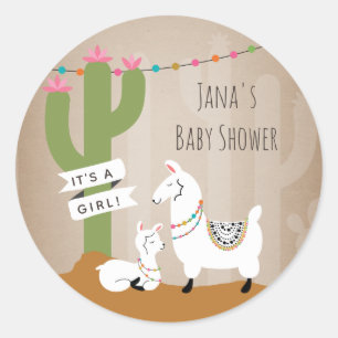 Sticker Rond Desert Cactus Llamas Girl Baby shower